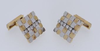 PAIR OF 18CT YELLOW & WHITE GOLD DIAMOND CUFFLINKS, square design, stamped '750', each cufflink