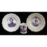 THREE VICTORIAN COMMEMORATIVE ITEMS OF DILLWYN SWANSEA CHILD'S POTTERY comprising rare 'Queen