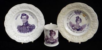THREE VICTORIAN COMMEMORATIVE ITEMS OF DILLWYN SWANSEA CHILD'S POTTERY comprising rare 'Queen