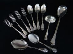 ASSORTED DANISH PLATED SPOONS & FORKS, including sifting spoon, serving spoon with engraved