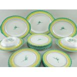 GRINDLEY ART DECO DINNER SERVICE FOR SIX, yellow and green banded border with stylised foliate motif