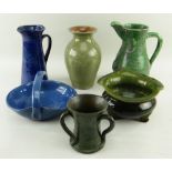 ASSORTED EWENNY POTTERY including jugs, dishes, vases, three with incised legions (6) *entered for