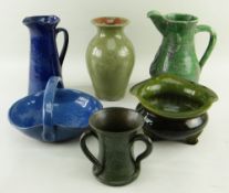 ASSORTED EWENNY POTTERY including jugs, dishes, vases, three with incised legions (6) *entered for