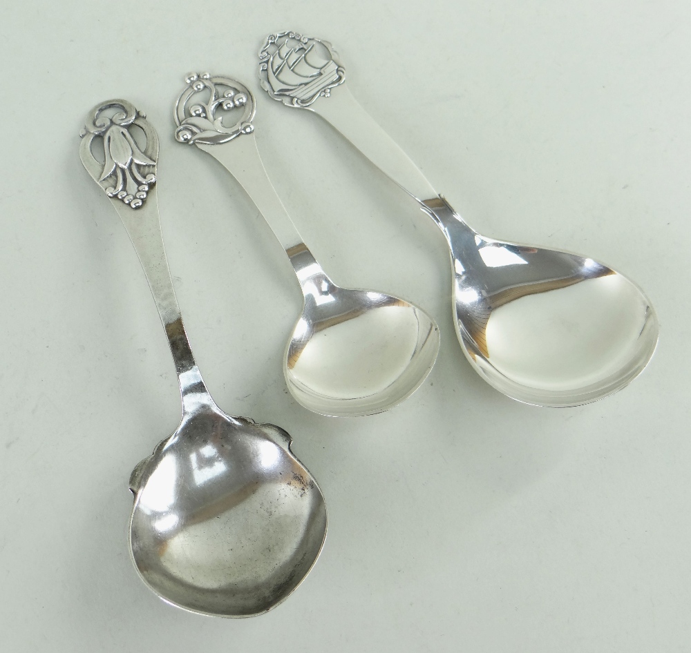 THREE DANISH SILVER SPOONS, Johannes Siggaard 1937 & 1938, with pierced ship handle top, berry - Image 2 of 2