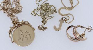 9CT GOLD JEWELLERY comprising 9ct gold 'J' pendant on 9ct gold cahin, 9ct gold fine link chain, pair