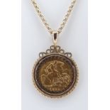 EDWARD VII GOLD HALF SOVEREIGN PENDANT, 1908, in 9ct gold mount on 9ct gold chain, 14.9gms
