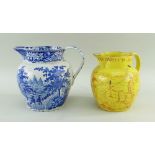 TWO JUGS INCLUDING RARE SWANSEA CAMBRIAN EARTHENWARE POLITICAL SATIRE JUG of bulbous form with