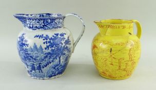 TWO JUGS INCLUDING RARE SWANSEA CAMBRIAN EARTHENWARE POLITICAL SATIRE JUG of bulbous form with