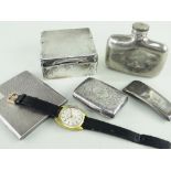 ASSORTED SILVER, PLATE & WRISTWATCH, including machine turned cigarette case, 10cms h, Victorian