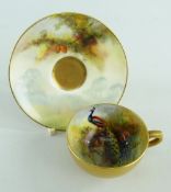 ROYAL WORCESTER MINIATURE CUP & SAUCER painted by H. W. MARTIN with peacock overall gilded,