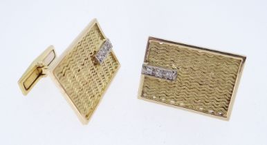 PAIR OF YELLOW GOLD & DIAMOND CUFFLINKS, of rectangular textured design, stamped '750', each set