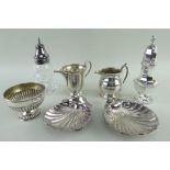 ASSORTED SILVER TABLE WARES including two cream jugs, sugar bowl, piriform sugar caster, two scallop