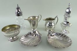 ASSORTED SILVER TABLE WARES including two cream jugs, sugar bowl, piriform sugar caster, two scallop