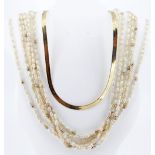 YELLOW GOLD FINE NECKLACE, stamped '750', 45cms long, 7.0gms, together with six row pearl necklace
