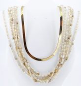 YELLOW GOLD FINE NECKLACE, stamped '750', 45cms long, 7.0gms, together with six row pearl necklace