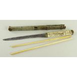 CHINESE TRAVELLING EATING SET (TROUSSE), stained shagreen case with pair ivory chopsticks and an
