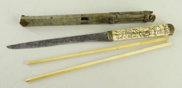 CHINESE TRAVELLING EATING SET (TROUSSE), stained shagreen case with pair ivory chopsticks and an