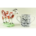 19TH CENTURY SWANSEA POTTERY COW CREAMER & LOVING CUP, the cup printed with 'Speed the plough' verse