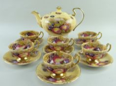AYNSLEY BONE CHINA 'ORCHARD GOLD' TEAWARE comprising six cups and saucers signed 'N. Brunt' and an