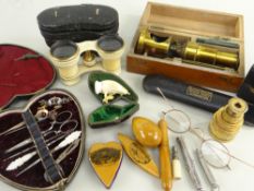 ASSORTED COLLECTABLES comprising cased spectacles, cased opera glasses, brass telescopic monocular