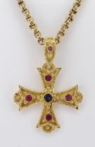 18CT YELLOW GOLD CROSS PENDANT set with central sapphire and four rubies, on 15ct gold chain