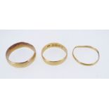 THREE 22CT GOLD PLAIN WEDDING BANDS, 8.0gms overall (3) Provenance: deceased estate Powys, consigned