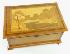 EDWARDIAN MARQUETRY TABLE BOX, tulipwood crossbanded lid decorated with rural scene with cow, boat