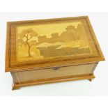 EDWARDIAN MARQUETRY TABLE BOX, tulipwood crossbanded lid decorated with rural scene with cow, boat