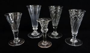 FIVE 19TH CENTURY WRYTHEN MOULDED GLASSES, including conical ales, a wine and a small toasting glass
