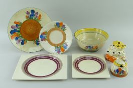 ASSORTED CLARICE CLIFF CROCUS PATTERN WARES & TWO BIARRITZ PLATES, comprising honey pot and cover (