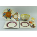 ASSORTED CLARICE CLIFF CROCUS PATTERN WARES & TWO BIARRITZ PLATES, comprising honey pot and cover (