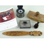 ASSORTED WRITING INSTRUMENTS, including pewter cylindrical inkwell with hinged lid, carved treen