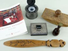 ASSORTED WRITING INSTRUMENTS, including pewter cylindrical inkwell with hinged lid, carved treen