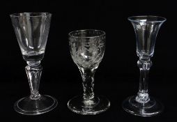 MID 18TH CENTURY MONOGRAMMED CORDIAL GLASS, with floral engraved and 'AL' monogrammed ovoid bowl, on