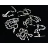 FIVE SILVER WATCH CHAINS of various design including curb link, trombone link, spiral and circular