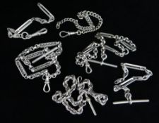 FIVE SILVER WATCH CHAINS of various design including curb link, trombone link, spiral and circular