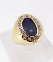 18CT GOLD LAPIS LAZULI & DIAMOND RING, oval design, stamped '750', ring size S, 15.4gms