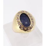 18CT GOLD LAPIS LAZULI & DIAMOND RING, oval design, stamped '750', ring size S, 15.4gms