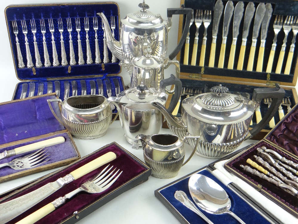 ASSORTED SILVER PLATED ITEMS including tea and coffee wares, sugar basin, milk jug and six boxed