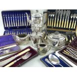 ASSORTED SILVER PLATED ITEMS including tea and coffee wares, sugar basin, milk jug and six boxed