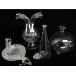 FOUR GLASS FLASKS, including Spanish bird feeder with white enamel lattice decoration, 20cms,