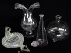 FOUR GLASS FLASKS, including Spanish bird feeder with white enamel lattice decoration, 20cms,