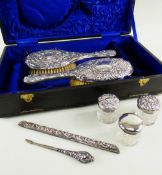 ASSOCIATED VICTORIAN SILVER DRESSING TABLE ACCESSORIES, including two brushes, three covered glass