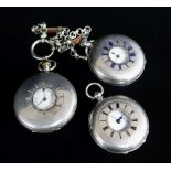 THREE SILVER HALF HUNTER POCKET WATCHES comprising a Benson 'Keyless Ludgate Watch' with white metal