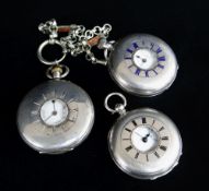 THREE SILVER HALF HUNTER POCKET WATCHES comprising a Benson 'Keyless Ludgate Watch' with white metal