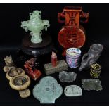 ASSORTED MODERN CHINESE HARDSTONE CARVINGS & METALWARE, including bowenite censer and cover,