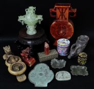 ASSORTED MODERN CHINESE HARDSTONE CARVINGS & METALWARE, including bowenite censer and cover,
