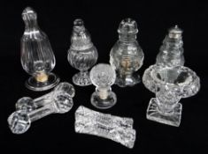 ASSORTED ANTIQUE CUT GLASS TABLE CONDIMENTS & WRITING ACCESSORIES, including sugar caster 14cms h,