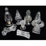 ASSORTED ANTIQUE CUT GLASS TABLE CONDIMENTS & WRITING ACCESSORIES, including sugar caster 14cms h,