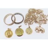 ASSORTED GOLD JEWELLERY comprising two 9ct gold eternity rings, 9ct gold elephant charm, two 14K